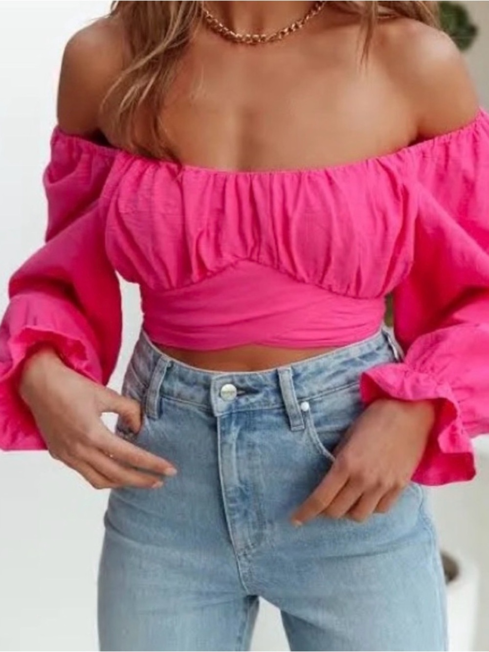 Hello Molly Hot Pink Off-Shoulder Crop Top